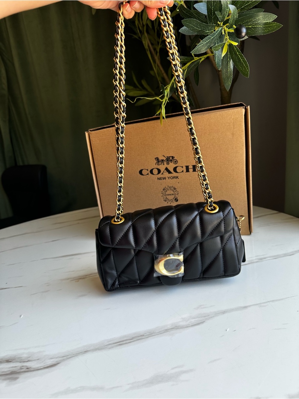 COACH Black Quilted Leather Shoulder Bag with Gold Chain
